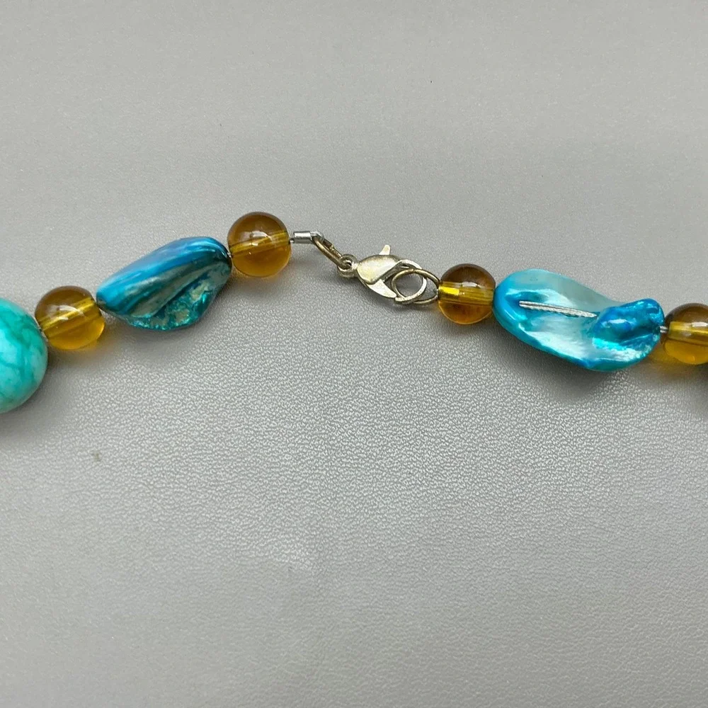 Necklace Turquoise Blue Amber Beaded Shell Gold Foil Long Boho Statement 30